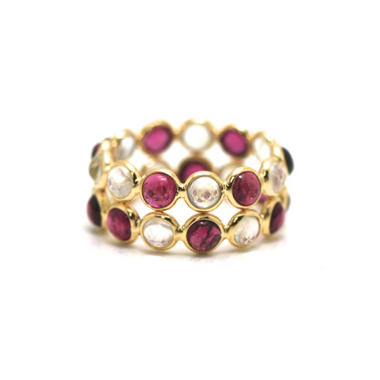 Tresor Collection - Rainbow Moonstone & Pink Tourmaline  Double Row Ring Band in 18K Yellow Gold