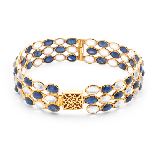 Tresor Collection - Blue Sapphire and Rainbow Moonstone Triple Row Bangle Bracelet set in 18k Yellow Gold