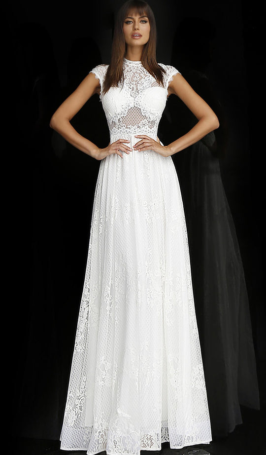 Jovani - M54822 Illusion High Neck Lace A-Line Gown In White