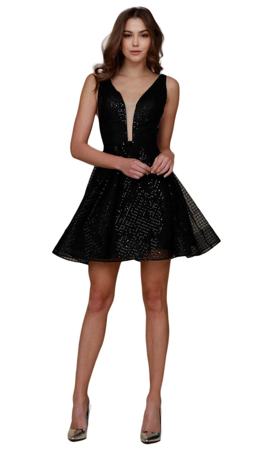 Nox Anabel - M634 Plunging V-Neck Glitter Lattice A-Line Dress
