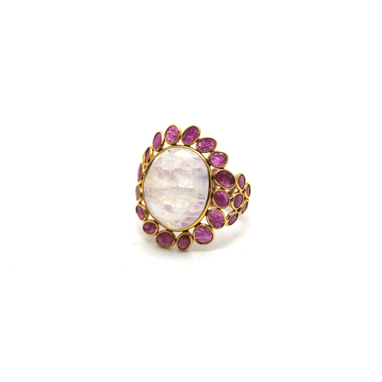 Ruby & Rainbow Moonstone Ring In 18K Yellow Gold