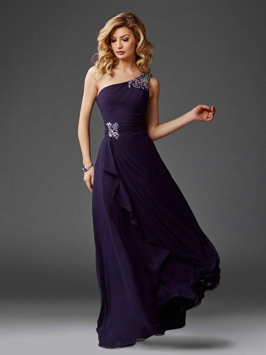 Clarisse - M6403 Draped Ornate Asymmetrical Gown in Purple