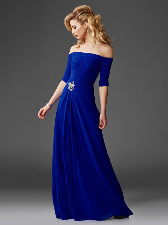 Clarisse - M6404 Quarter Sleeve Off-Shoulder Gown in Blue