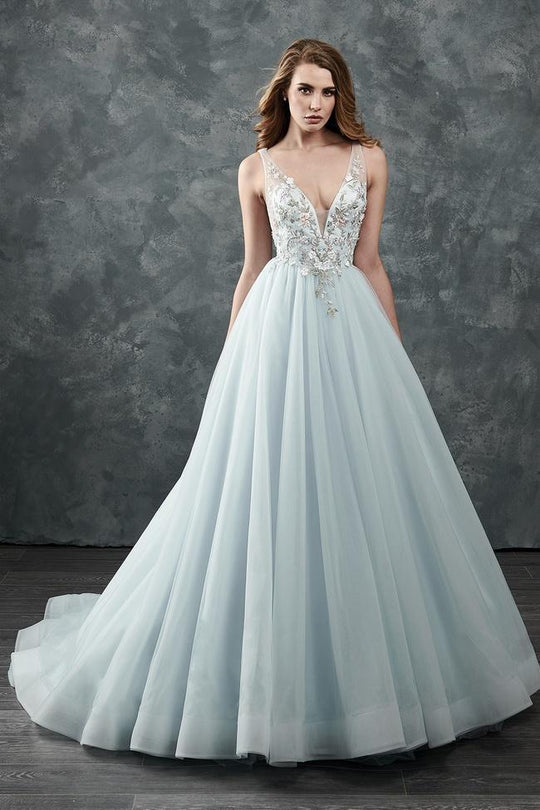 Rachel Allan - M645 Floral Applique V Neck Tulle Wedding Gown in Ice Blue/Multi