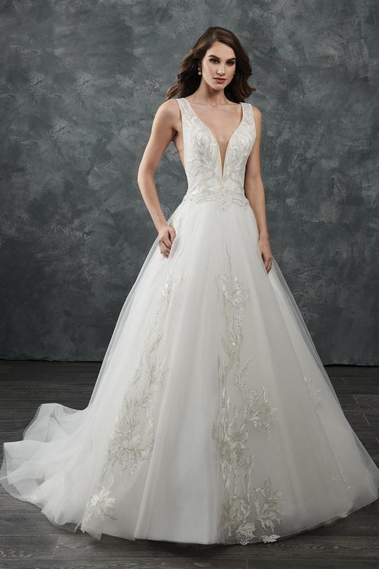 Rachel Allan - M646 Bedazzled Deep V-neck Tulle Wedding Gown in White