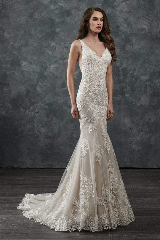 Rachel Allan Bridal - M655 Lace Appliqued Deep V Back Wedding Dress in Ivory and Champagne