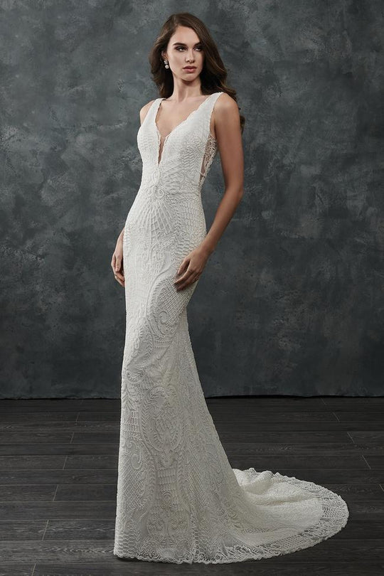 Rachel Allan - M659 Beaded Deep V-neck Wedding Dress With Train in White