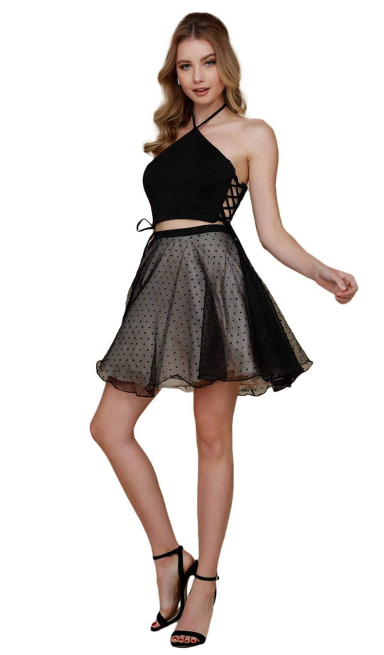 Nox Anabel - M659 Laced-Up Polka Dot Two-Piece Dress