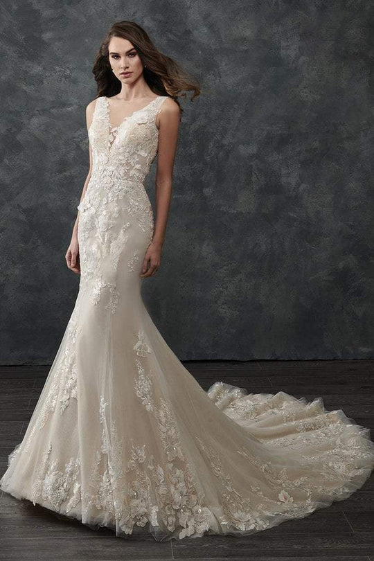 Rachel Allan - M665 Floral Appliqued Mermaid Bridal Dress in White and Neutral