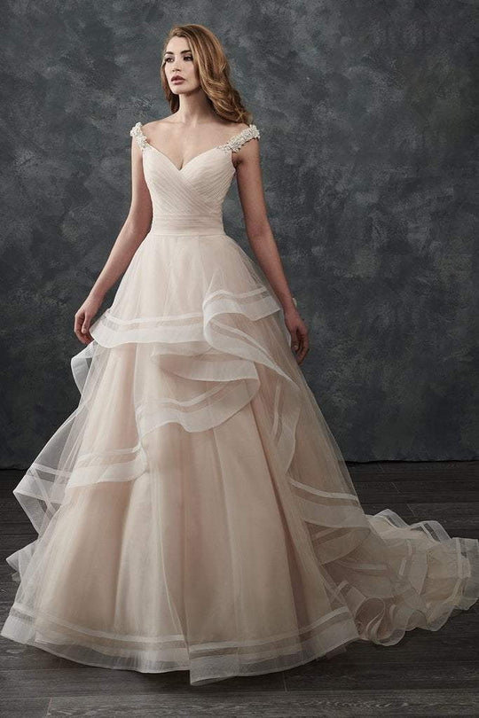 Rachel Allan - M667 Off-Shoulder Ruffled Bridal Gown in Pink and Neutral