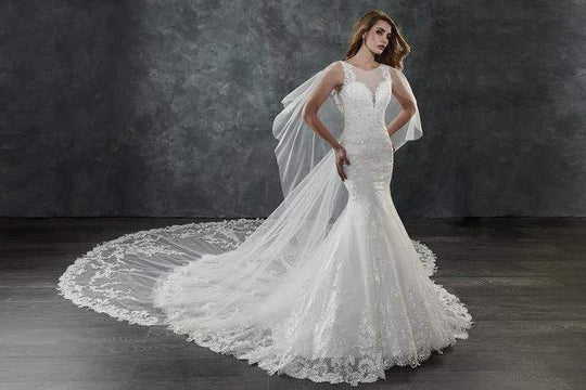 Rachel Allan - M677 Lace Tulle Mermaid Wedding Dress With Cape in White