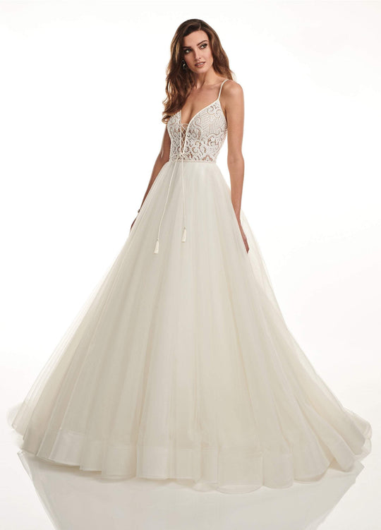 Lo'Adoro by Rachel Allan - M720 Lace- Up Sheer Lace Bodice Bridal Gown In White