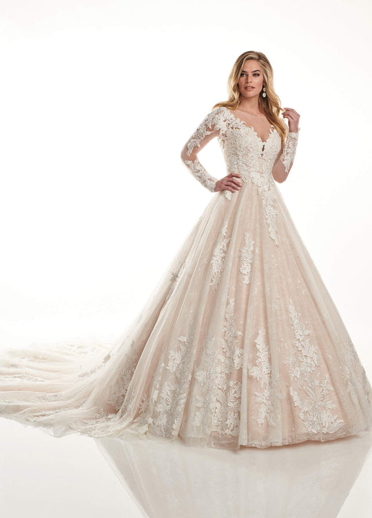 Lo'Adoro by Rachel Allan - M722 Floral Lace Applique Sheer Bridal Gown In White and Pink