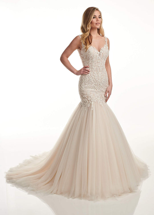 Lo'Adoro by Rachel Allan - M723 Illusion V Neck Mermaid Bridal Dress In White and Neutral