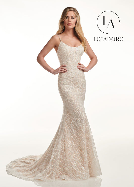 Lo'Adoro by Rachel Allan - M727 Sequined Lace Scoop Neck Trumpet Gown In Neutral