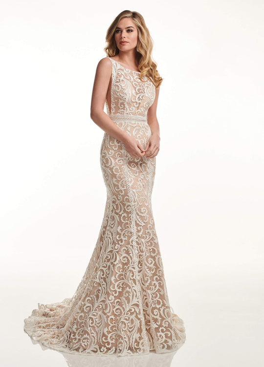 Lo'Adoro by Rachel Allan - M729 Applique Bateau Trumpet Gown In Neutral