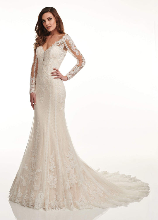 Lo'Adoro by Rachel Allan - M731 Sheer Long Sleeve V Neck Mermaid Gown In White