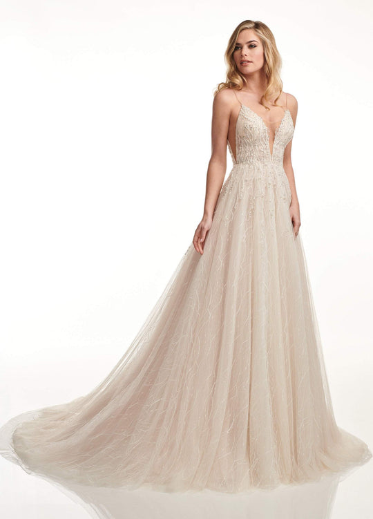 Lo'Adoro by Rachel Allan - M733 Sheer Plunging Neck A-Line Bridal Gown In White and Neutral