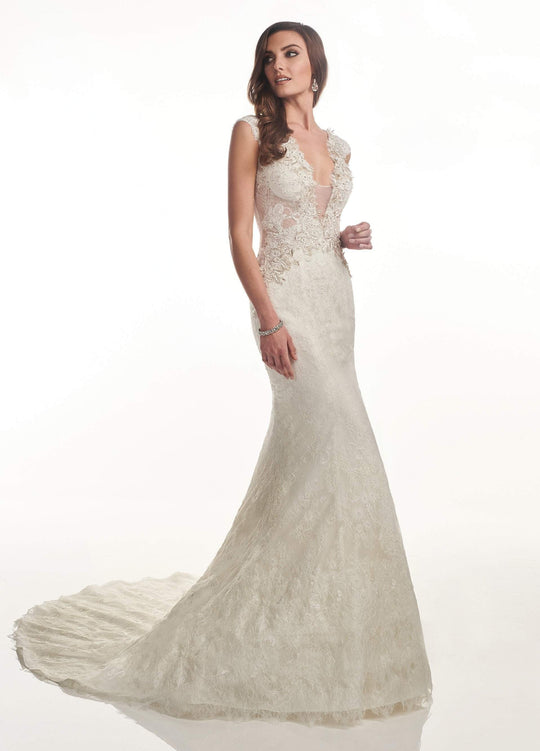 Lo'Adoro by Rachel Allan - M735 Applique Deep V-neck Trumpet Dress In Neutral