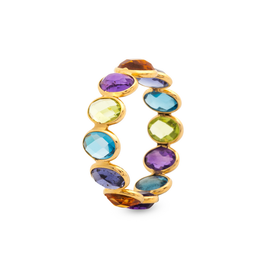 Tresor Collection - Gemstone Faceted Oval Ring Band in 18k Yellow Gold Multi-Color