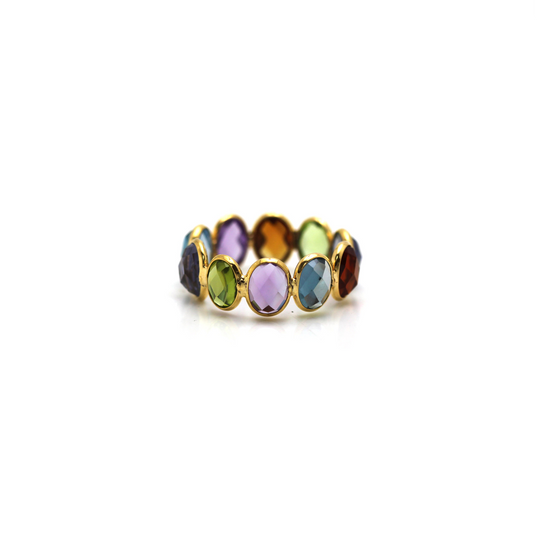 Multicolor Stone Faceted Oval Ring Band in 18k Yellow Gold