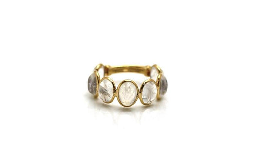 Rainbow Moonstone Oval Stackable Ring Band With Adjustable Shank In 18k Yellow Gold