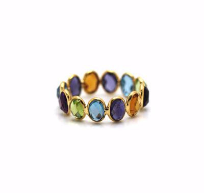 Multicolor Stones Faceted Oval Ring Band in 18k Yellow Gold
