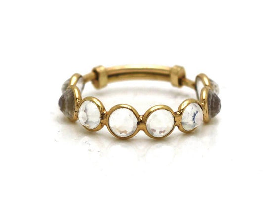 Rainbow Moonstone Faceted Round Adjustable Ring Band in 18k Yellow Gold