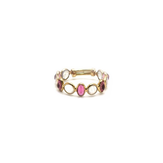 Pink Tourmaline & Rainbow Moonstone Ring Band in 18k Yellow Gold