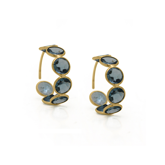 18k Yellow Gold Large Hoop Earrings in Blue Topaz