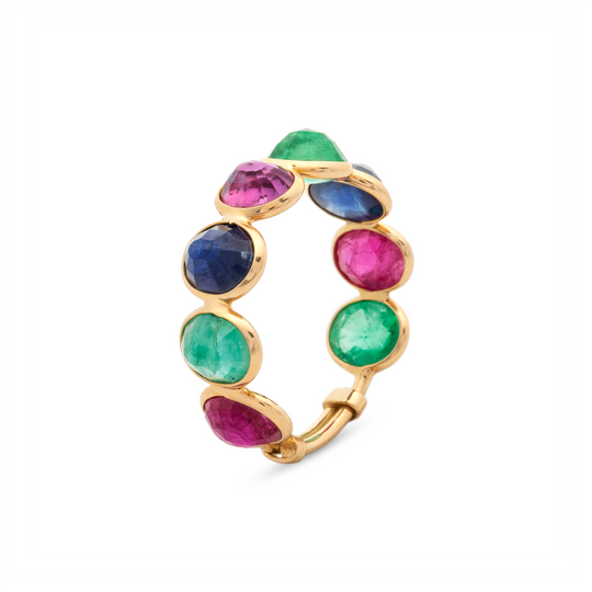 Tresor Collection - Emerald, Ruby & Sapphire Rose Cut Top Stackable Ring in 18K Yellow Gold Multi-Color