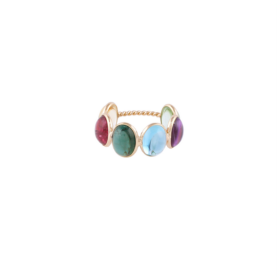 Multicolor Stone Fac. Oval Ring Band in 18k YG