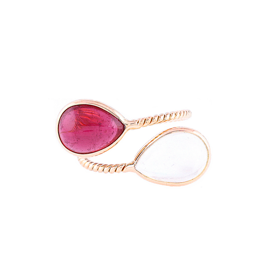 Tresor Collection - Pink Tourmaline and Rainbow Moonstone Pear Shaped Ring in 18k Yellow Gold