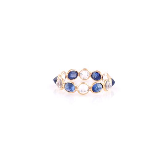 Tresor Collection - Rainbow Moonstone Round & Blue Sapphire Oval Ring  in 18k Yellow Gold