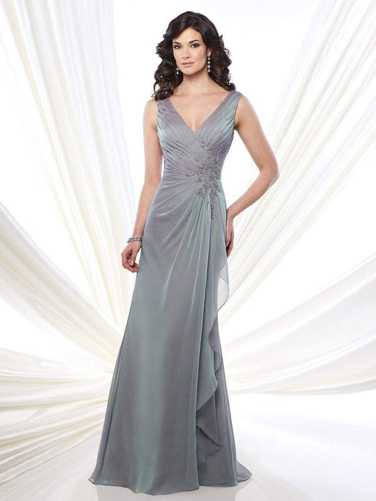 Mon Cheri - Pleated V-neck A-line Dress in Purple and Gray