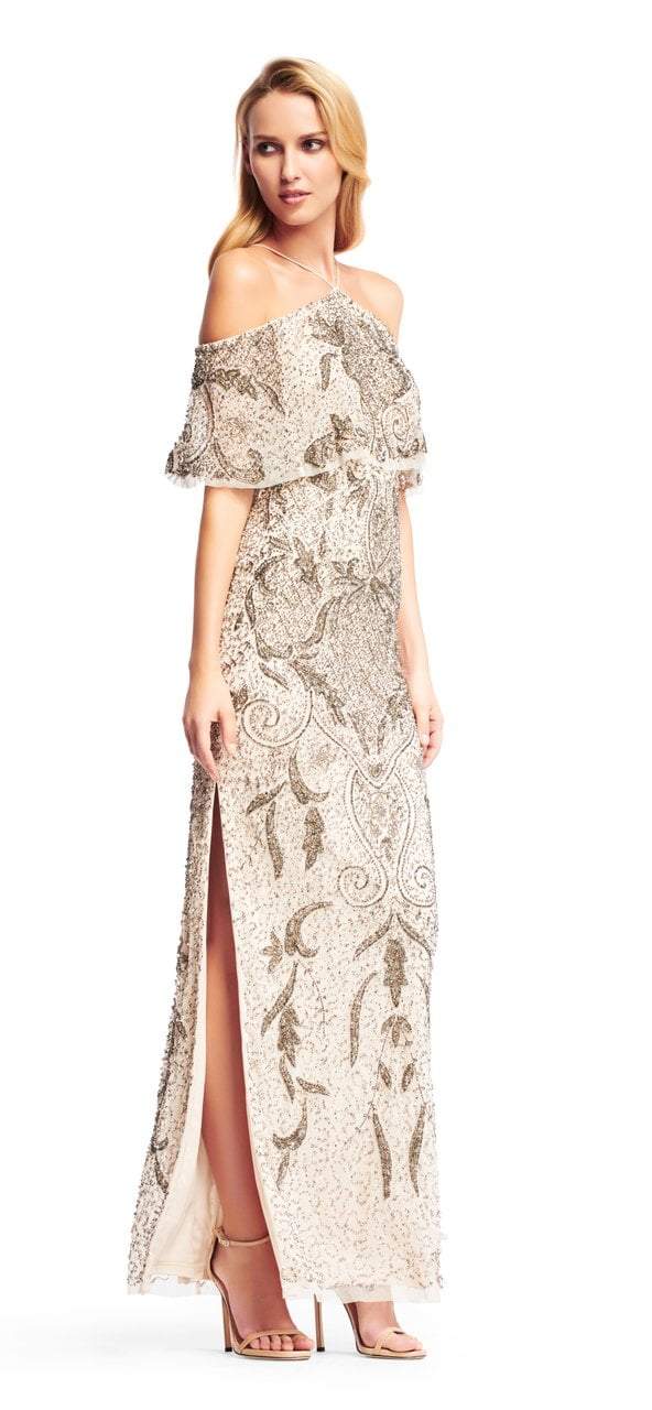 Aidan Mattox - MD1E200818 Cold Shoulder Popover Haltered Gown in Gold