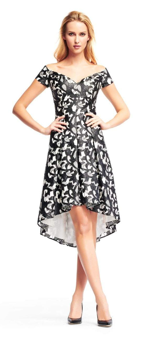 Aidan Mattox - MD1E200882 Off-Shoulder Embroidered High Low Dress in Black and White