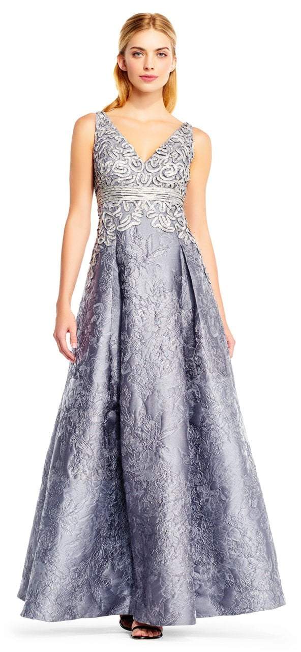 Aidan Mattox - MD1E201384 V-neck Floral Jacquard Ballgown in Silver