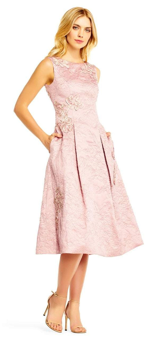 Aidan Mattox - MD1E201386 Bateau Neck Floral Tea-Length Dress in Pink
