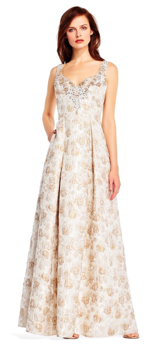 Aidan Mattox - MD1E201398 Embellished Sweetheart Jacquard A-line Dress In Gold