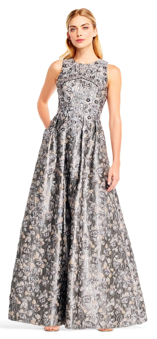 Aidan Mattox - Bedazzled Jewel Brocade Pleated Evening Gown MD1E201399 In Silver and Gray