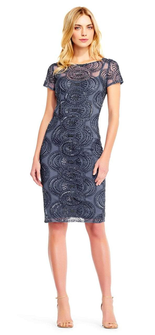 Aidan Mattox - MD1E201411 Boat Neck Beaded Sheath Cocktail Dress in Blue and Gray