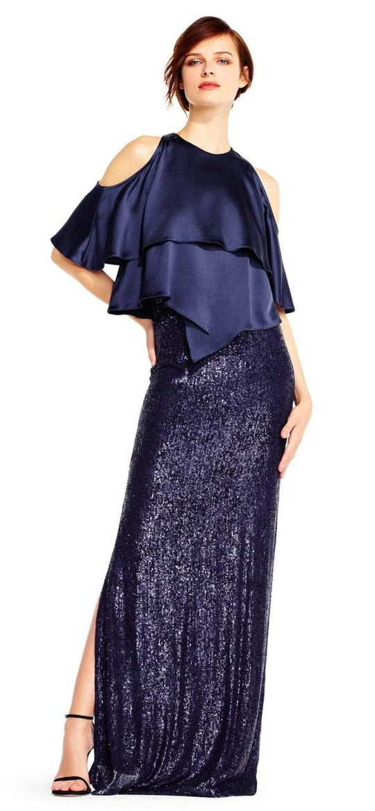 Aidan Mattox - MD1E201424 Jewel Neck Popover Sequined Gown in Blue