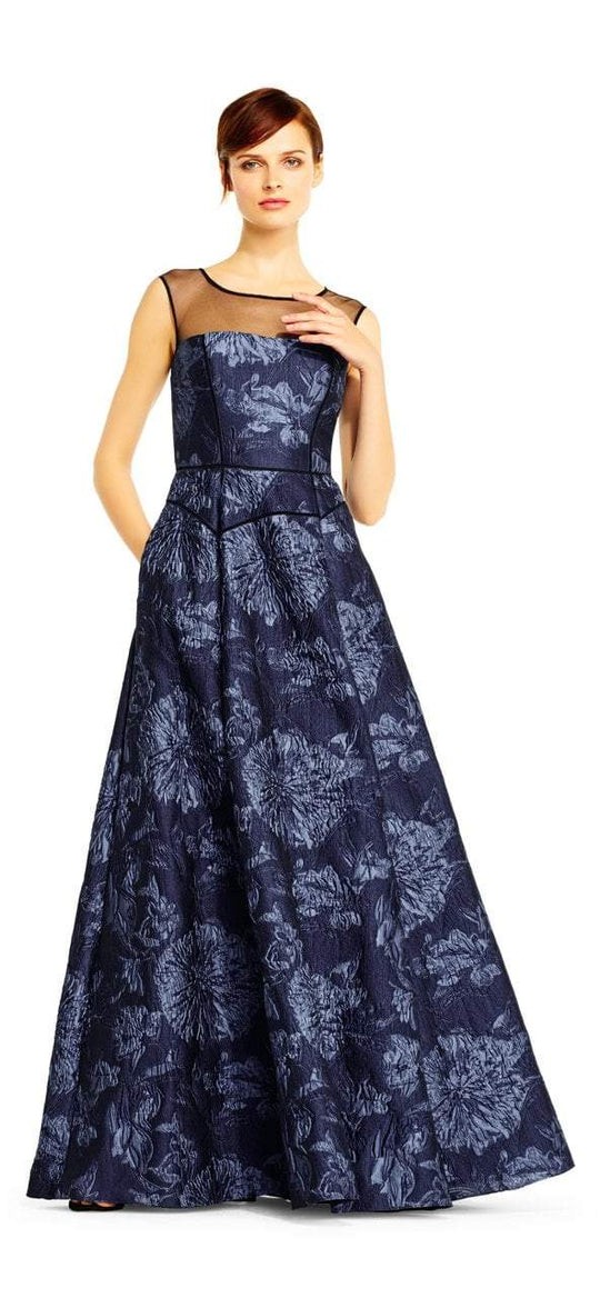 Aidan Mattox - MD1E201452 Sleeveless Floral Jacquard Ballgown in Blue and Multi-Color