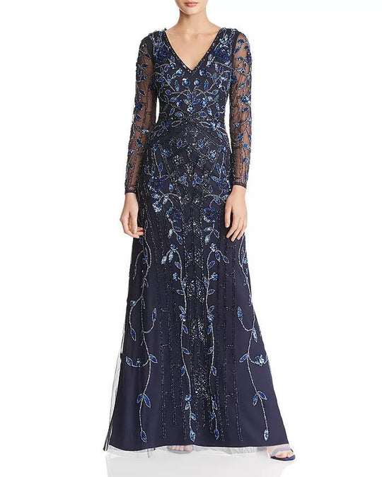 Aidan Mattox - MD1E203314 Embellished Sheer Long Sleeves A-line Dress In Blue and Black