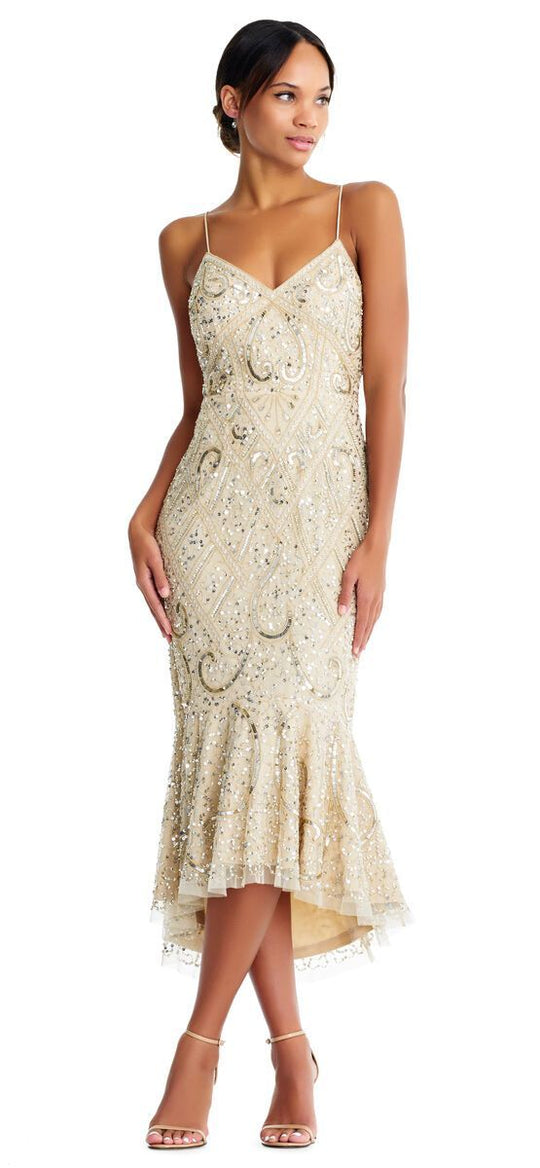 Aidan Mattox - MD1E203330 Embellished Sweetheart Tea-Length Dress In Nude