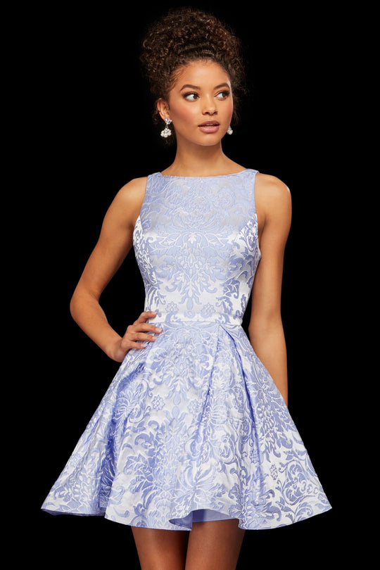 Sherri Hill - 52982 Bateau Brocade Short Dress In Blue