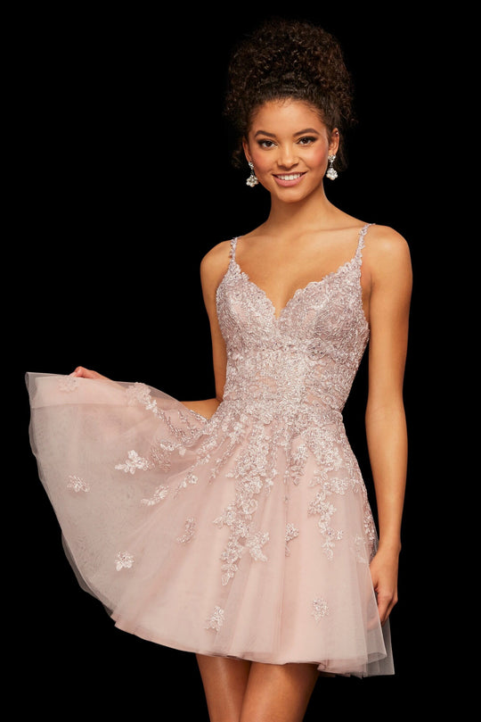Sherri Hill - 53098 Trailing Lace Appliqued Short A Line Dress In Pink