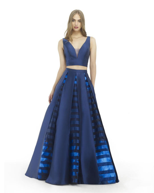 Morrell Maxie - 15773 Deep V-Neck Two-Piece Mikado Gown in Blue
