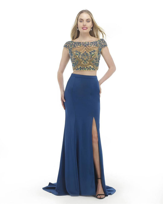 Morrell Maxie - 15783 Two-Piece Cap Sleeve Beaded Evening Gown in Blue
